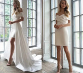 Modern Short Wedding Dresses With Detachable Train Off the Shoulder Lace Up Satin Bridal Party Gowns Sexy Vestidos De Novia 14W